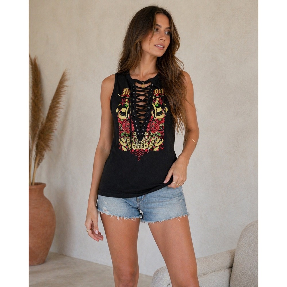 Guess Los Angeles Black Lace Up Graphic Tank Top Roses Rock Style Size Medium